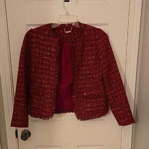 Chico's Red Tweed Blazer with Frayed Trim